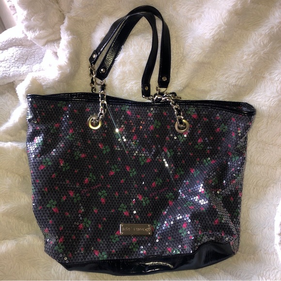 Betsy Johnson sequin floral (roses) Tote. Large  chain double handle - Picture 3 of 16